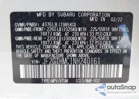 2022 Subaru Crosstrek Limited z USA, uszkodzony, nr VIN JF2GTHMC1NH240161